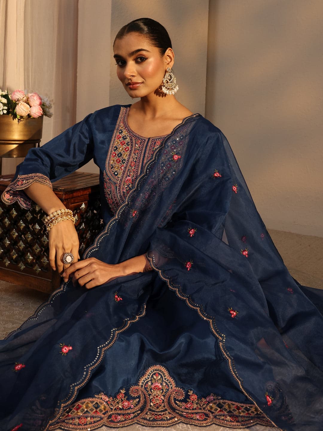 Blue Embroidered Silk Suit Set