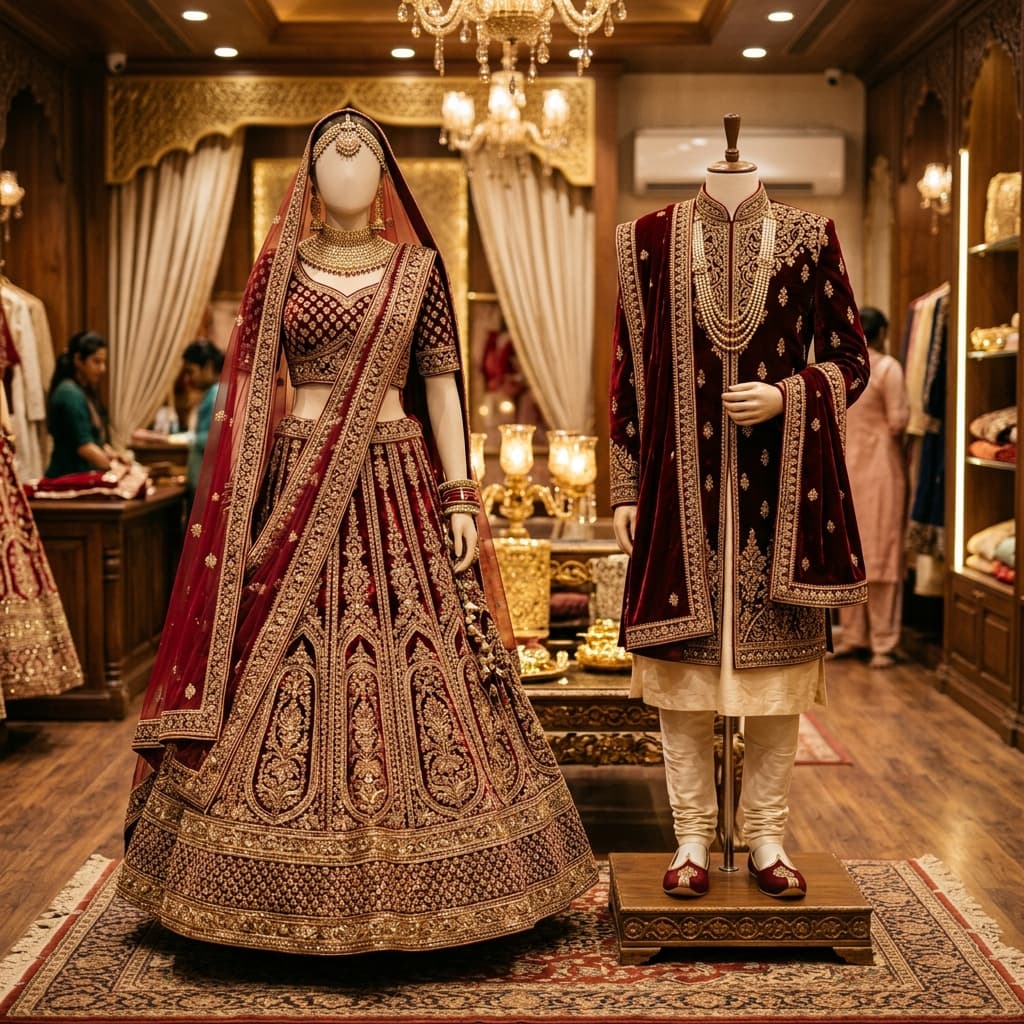 Exquisite traditional wedding lehenga and sherwani display