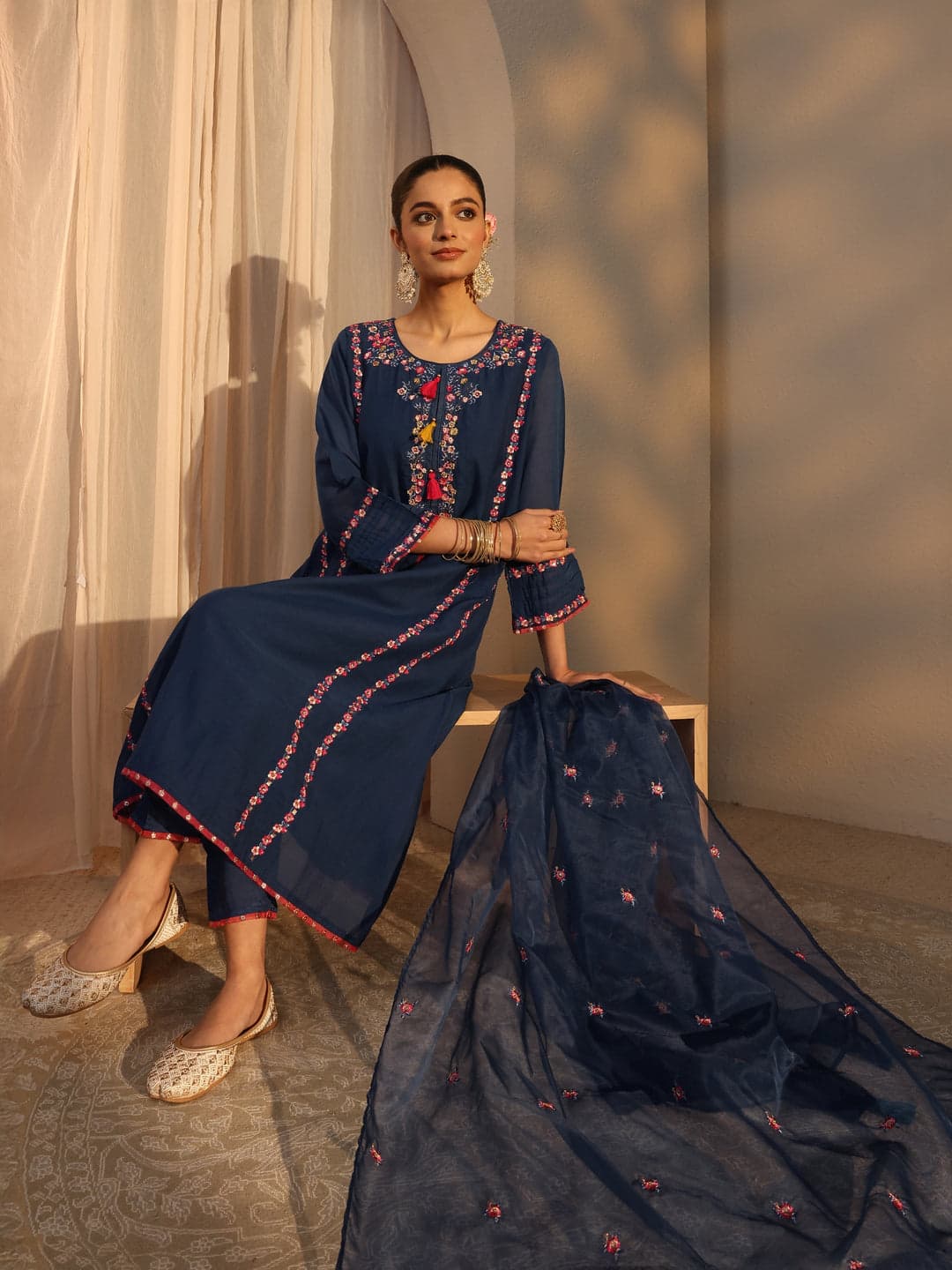 Blue Ethnic Embroidered Chanderi Cotton Straight Suits Set With Dupatta