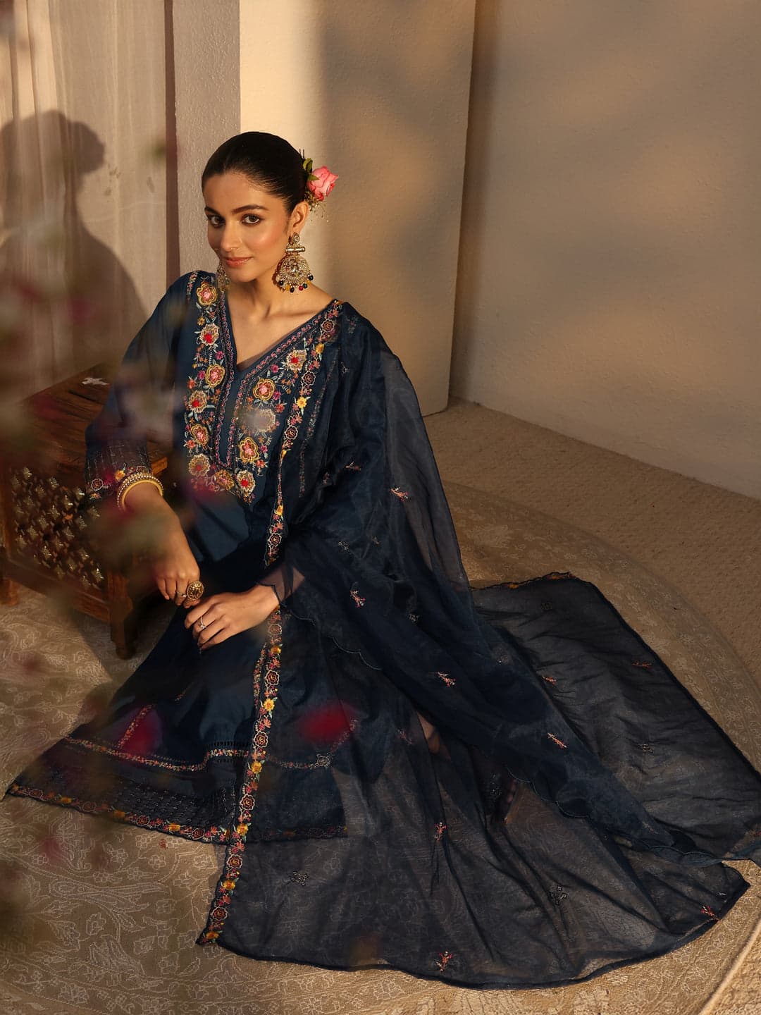 Blue Ethnic Embroidered Silk Blend Straight Suits Set With Dupatta