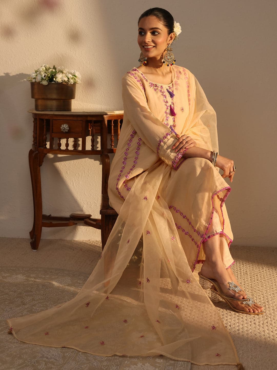 Cream Ethnic Embroidered Chanderi Cotton Straight Suits Set With Dupatta
