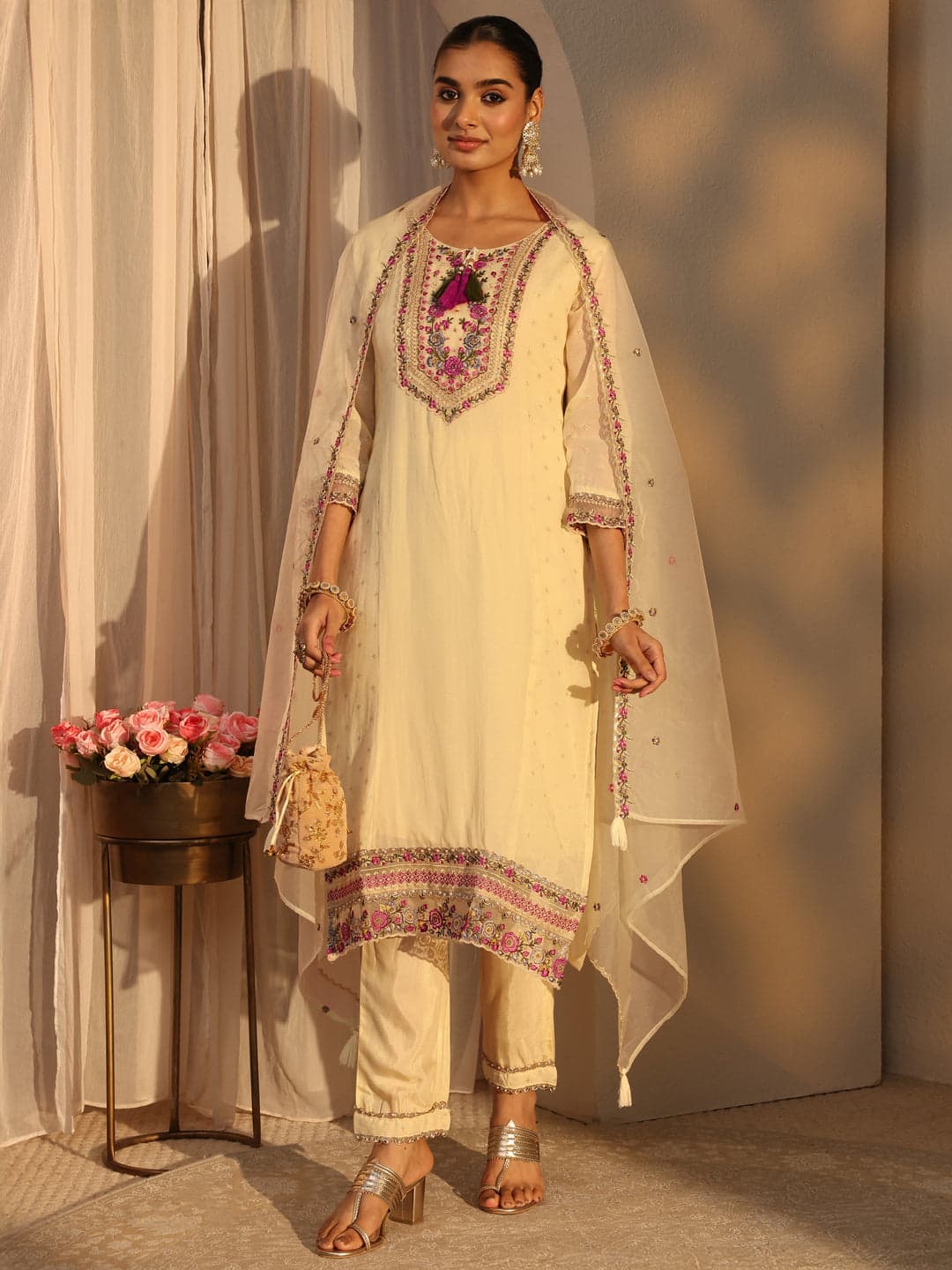 Cream Woven Design Chanderi Cotton Straight Suits Set With Dupatta