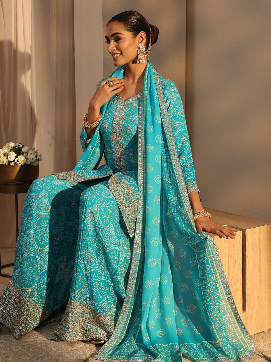 Libas Art Blue Bandhani Printed Chinon Straight Suits Set With Dupatta