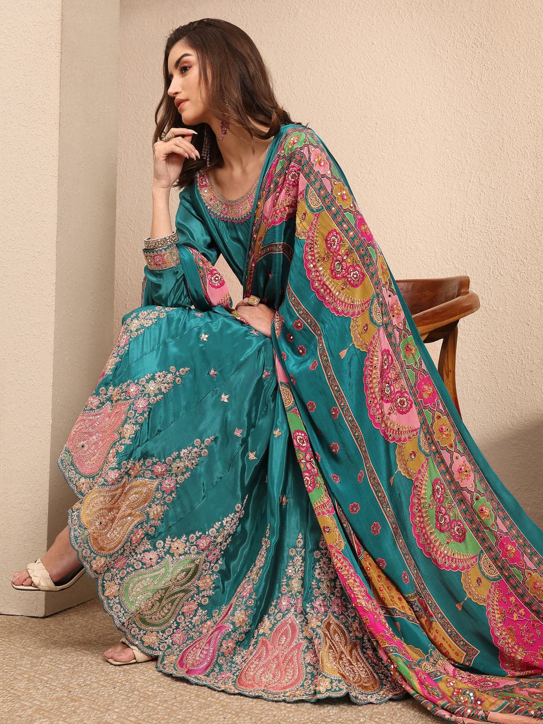 Libas Art Blue Embroidered Crepe Anarkali Suit Set With Dupatta