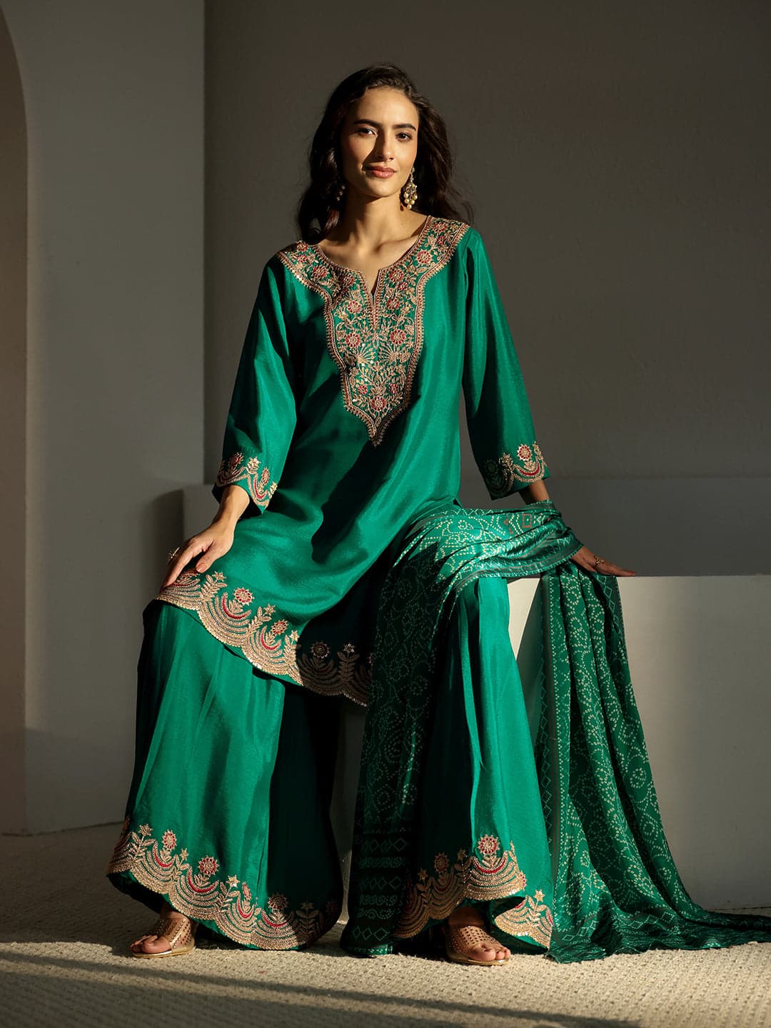 Libas Art Green Floral Embroidered Crepe Sharara Suit Set With Dupatta