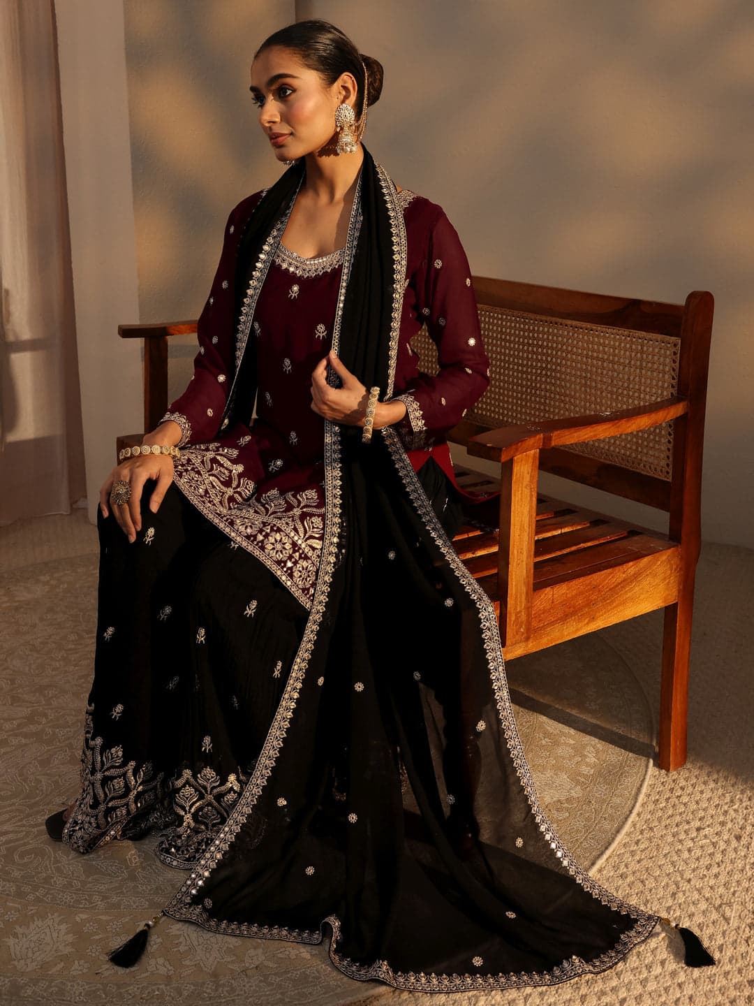 Libas Art Maroon Floral Embroidered Georgette Straight Suits Set With Dupatta
