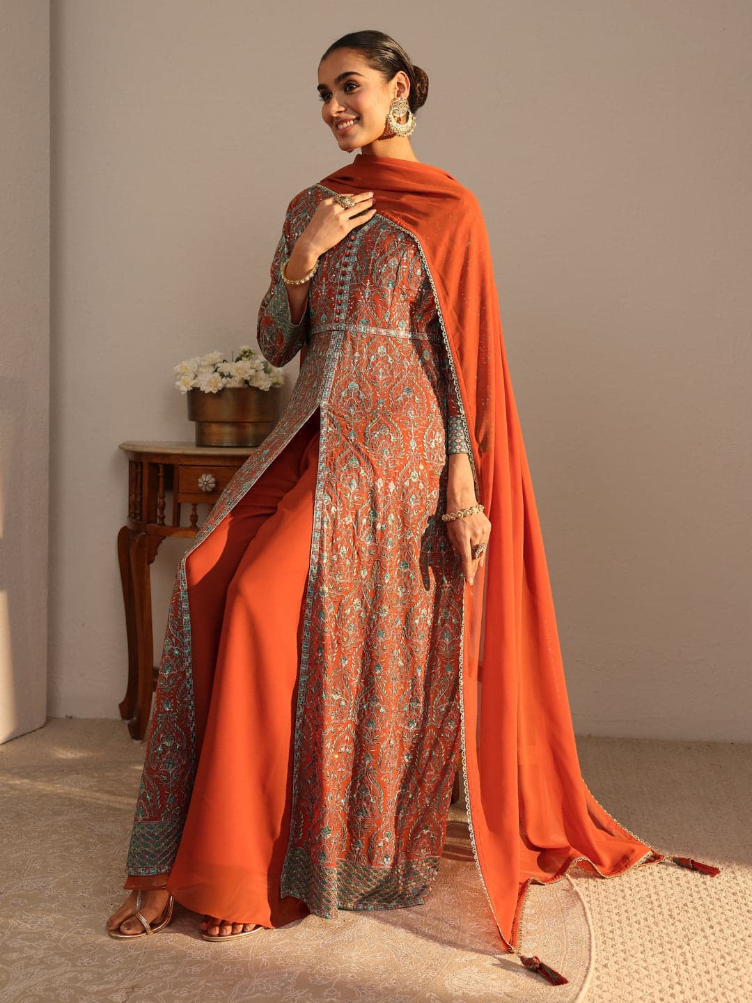 Libas Art Orange Embroidered Georgette A Line Suits Set With Dupatta