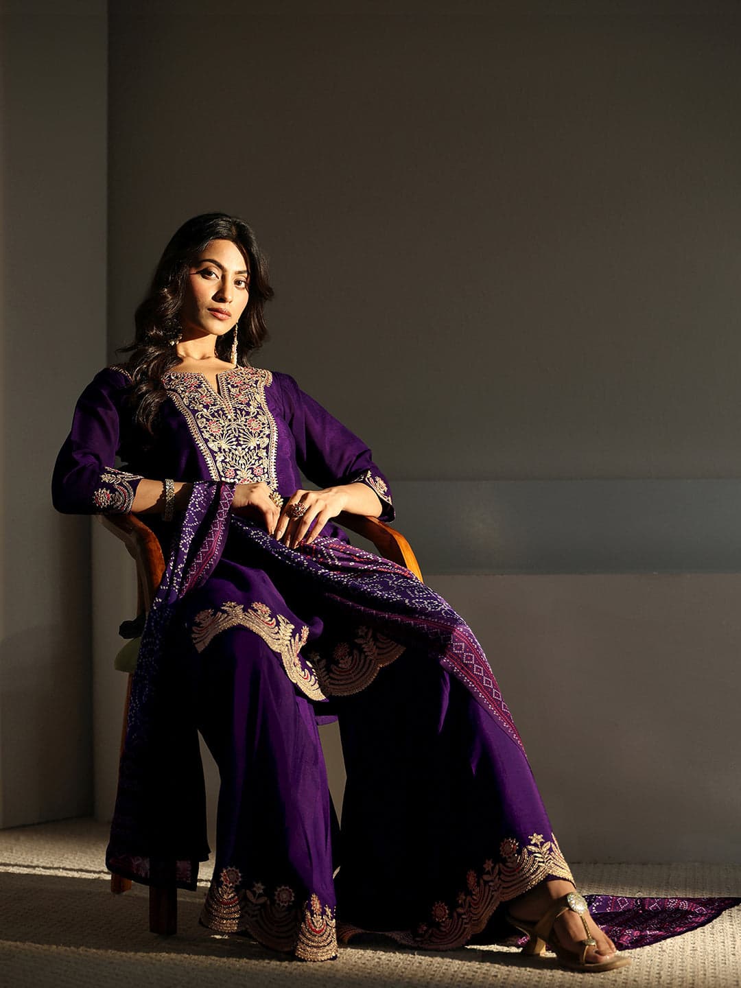 Libas Art Purple Floral Embellished Crepe Sharara Suit Set With Dupatta