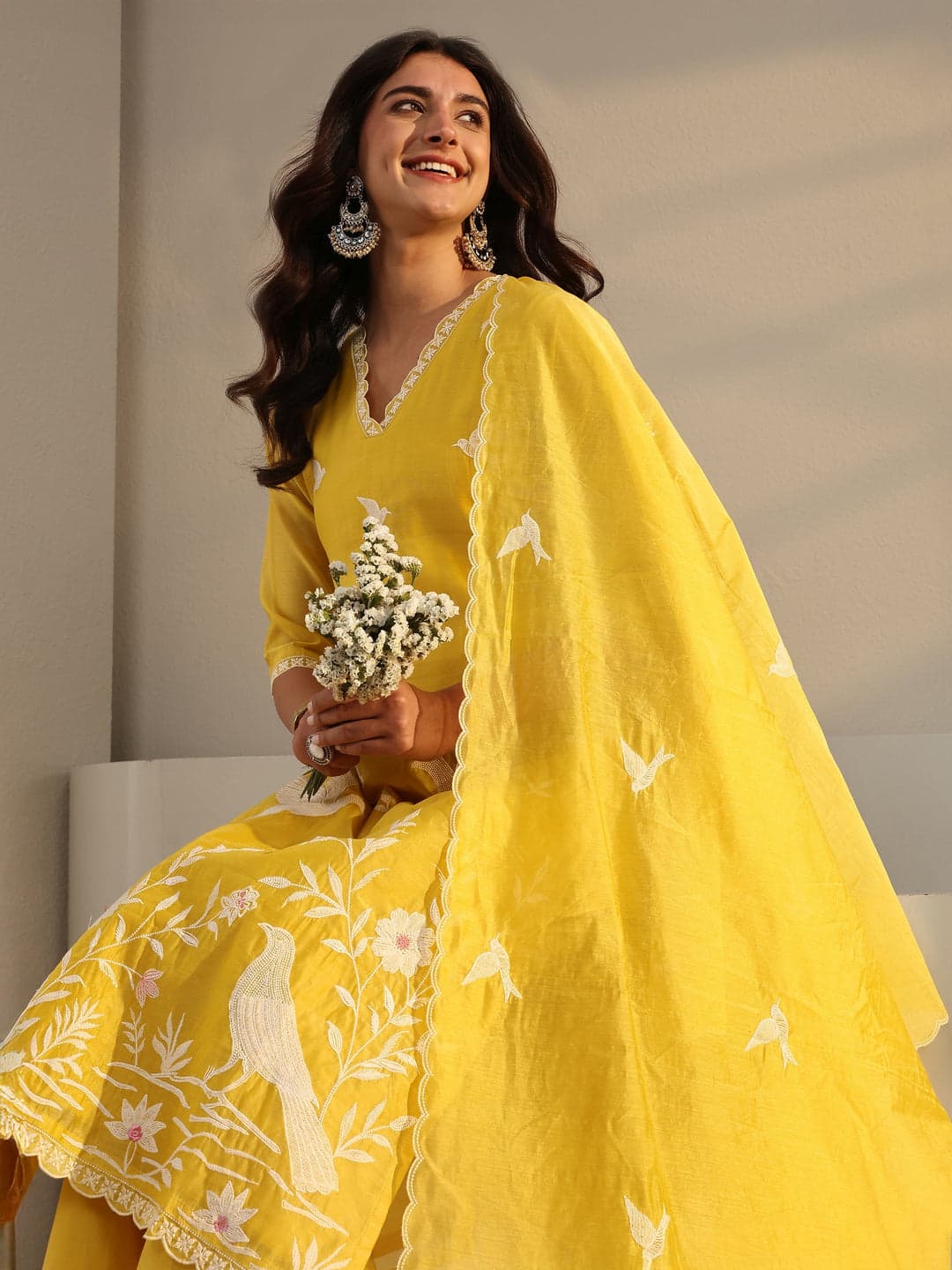 Libas Art Yellow Embroidered Silk Blend Straight Suit Set With Dupatta