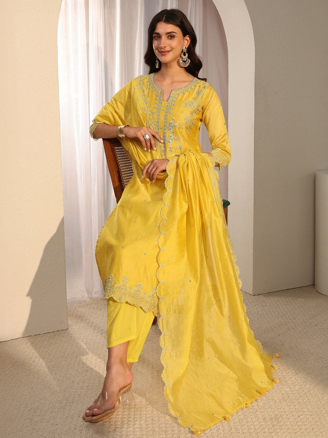 Libas Art Yellow Embroidered Silk Blend Straight Suit Set With Dupatta