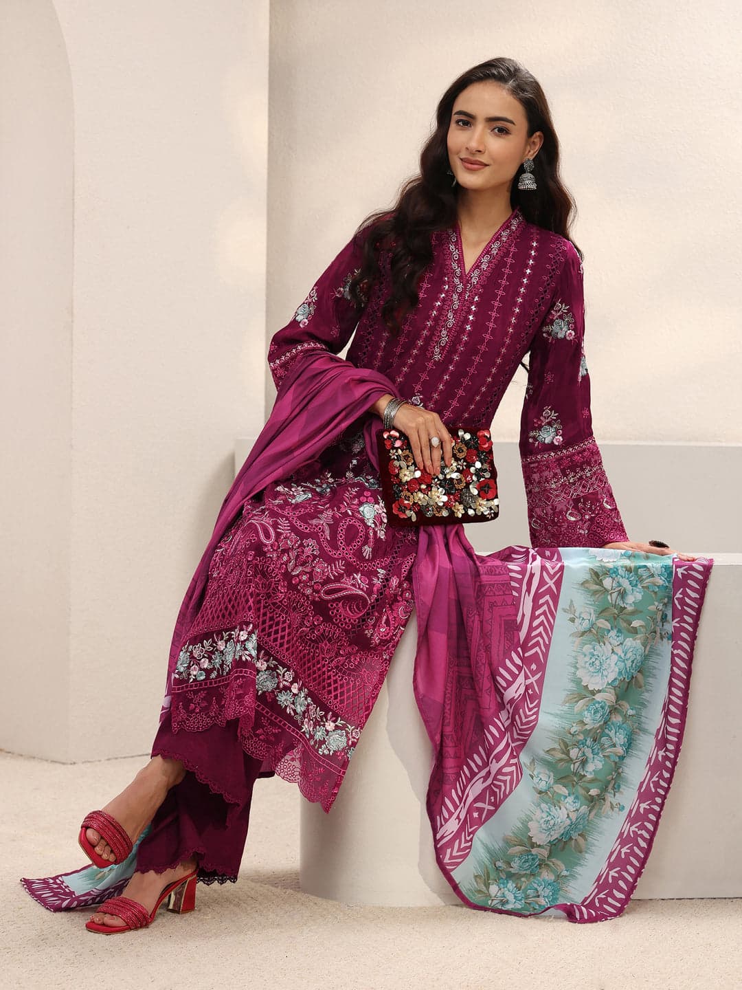 Maroon Ethnic Embroidered Silk Blend Straight Suit Set With Dupatta
