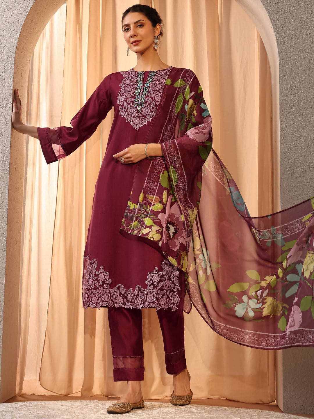 Maroon Floral Embroidered Silk Blend Straight Suit Set With Dupatta