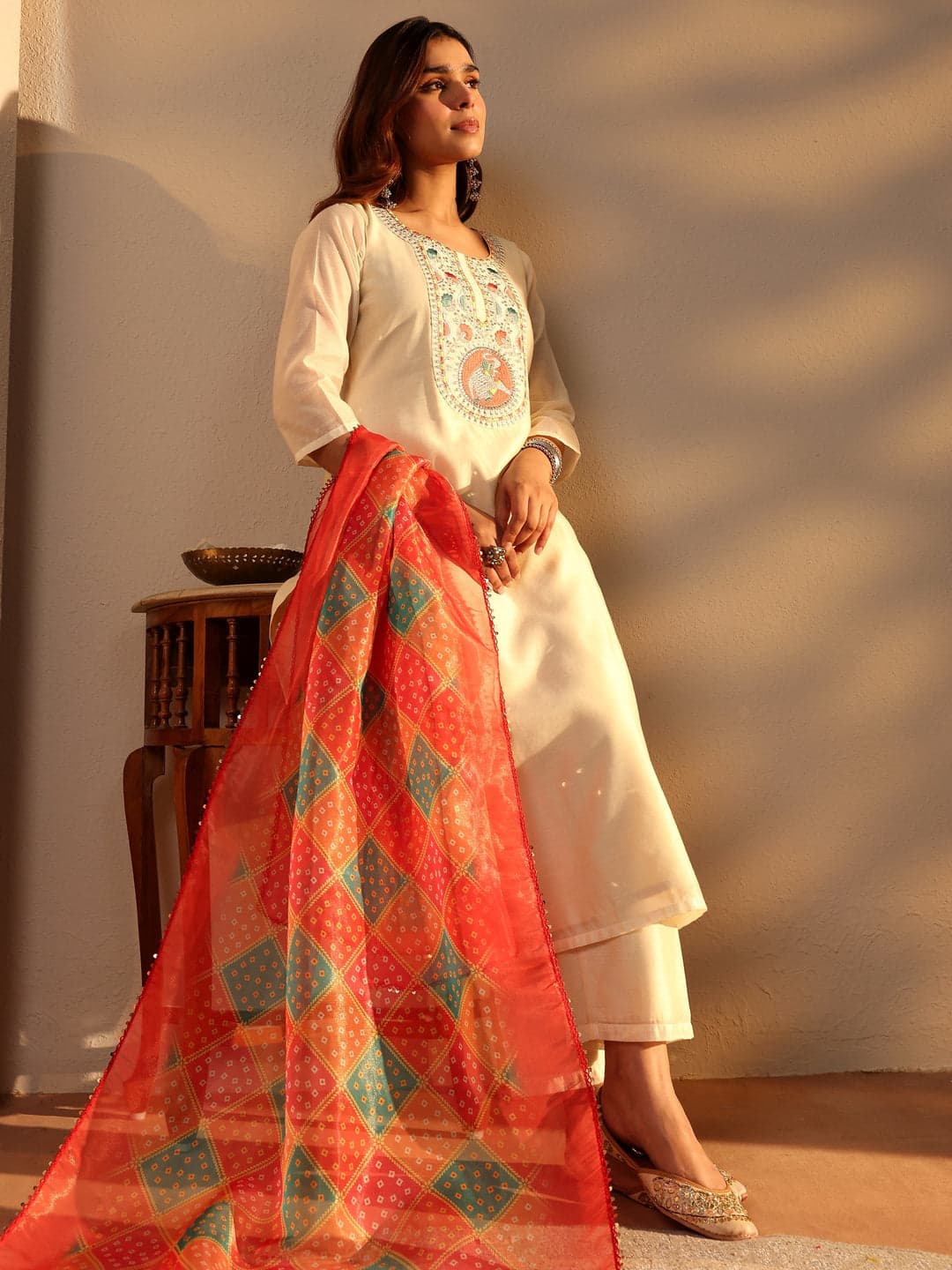 Off White Embroidered Chanderi Silk Straight Suit Set With Dupatta