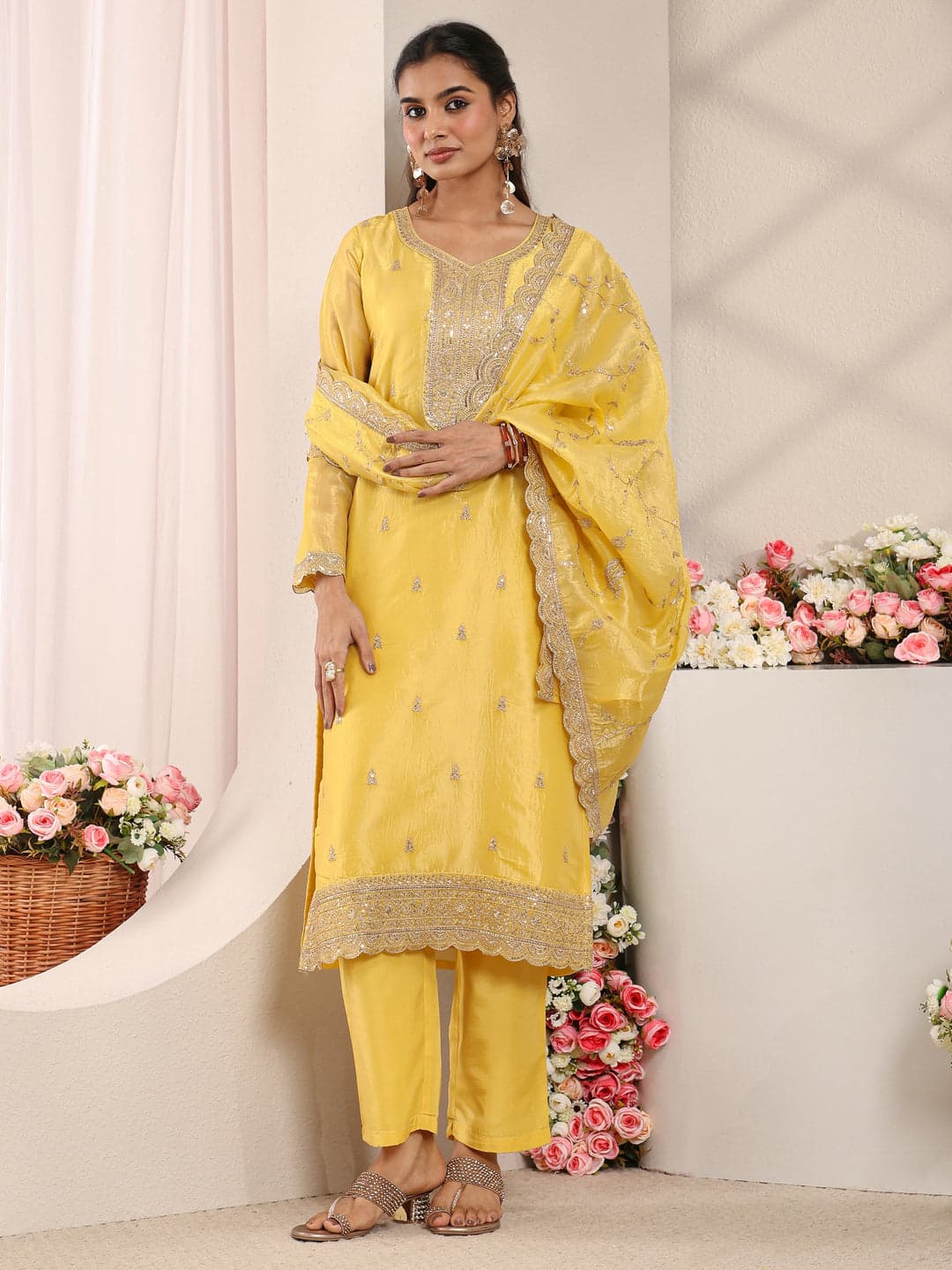 Yellow Embellished Organza Straight Suit Set With Dupatta